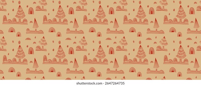 Ano Novo, Natal padrão linear com abetos. Escandinavo norueguês simples inverno impressão. Ilustração gráfica minimalista. Padrão de espinha de peixe listrada com flocos de neve, bolas de neve.