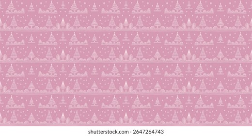 New Year, Christmas linear pattern with fir trees. Scandinavian Norwegian simple winter print. Minimalistic graphic illustration. Striped herringbone pattern with snowflakes, snowballs.