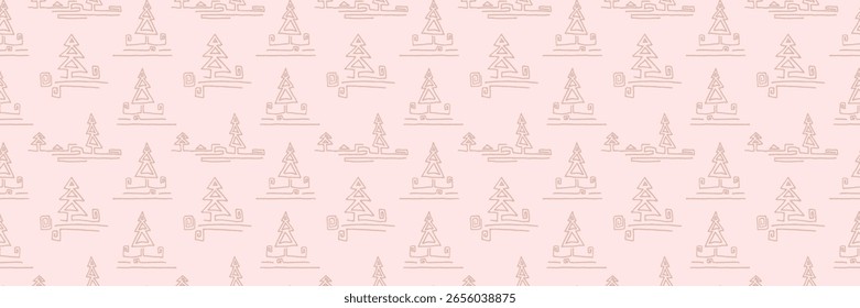 New Year, Christmas linear pattern with fir trees. Scandinavian Norwegian simple winter print. Minimalistic graphic illustration. Striped herringbone pattern with snowflakes, snowballs.