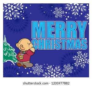 New Year Christmas. Little bear.  Winter forest, glade. Christmas trees, snowflakes. Vector illustration. Congratulations, greeting card, invitation, poster.