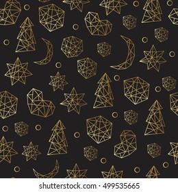 New Year and Christmas luxury  gold seamless pattern  with stars, balls, noel, moon and holiday elements in trendy geometric style. Greeting card, invitation, flyer.