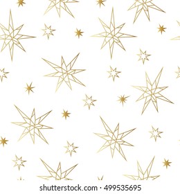 New Year and Christmas luxury  gold seamless pattern  with stars, balls, noel, moon and holiday elements in trendy geometric style. Greeting card, invitation, flyer.