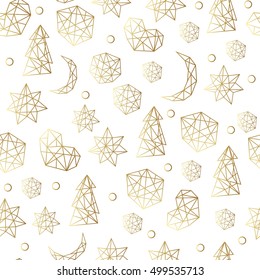 New Year and Christmas luxury  gold seamless pattern  with stars, balls, noel, moon and holiday elements in trendy geometric style. Greeting card, invitation, flyer.