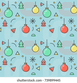 New Year Christmas Memphis Seamless Pattern. Abstract Trendy Background Retro Style. Modern Poster, Card Design with Geometric Elements. Vector illustration