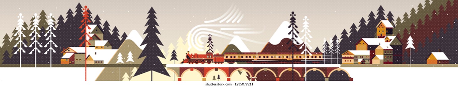 New year and Christmas mountain snowy winter landscape with coniferous forest, pines, cottages and train. Flat vector illustration for web, poster, banner, card, postcard, event icon logo or badge.