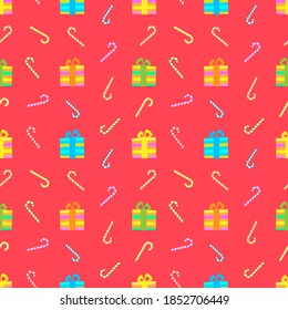Navidad de Año Nuevo, cajas multicolores, regalos, caramelos en un fondo rojo sin fisuras. Ilustración del vector