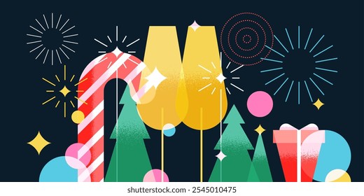 New Year Christmas night party banner, poster, holiday greeting card design elements. Vector geometric flat illustration of cocktails, champagne, fireworks, cane striped candy, gift, fir tree