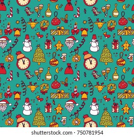 New year Christmas objects blue seamless pattern. Color vector illustration. EPS8