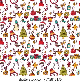 New year Christmas objects white seamless pattern. Color vector illustration. EPS8