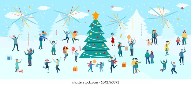 New Year and Christmas on the background of a winter landscape. People and children dancing and having fun around the Сhristmas tree, gifts and fireworks. New year holiday concept vector illustration