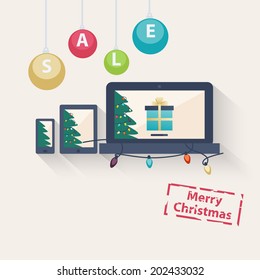 New year or Christmas online sale concept with a vector illustration of gifts on the screens of a laptop, tablet and smartphone with the text - Merry Christmas - below and hanging baubles