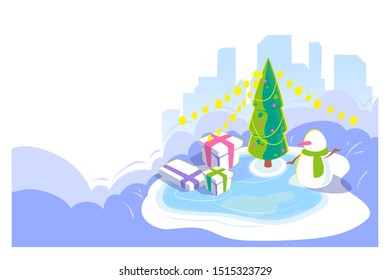 New year and Christmas outdoor scene. Winter cityscape background with snowman and christmas tree, gift box on ice rink. Cold season holidays card. Isometric view, Vector lending page illustration.