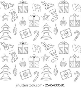 New Year and Christmas outline icons on white background, monochrome seamless vector pattern, design for textile print, wallpaper, decorative digital paper.