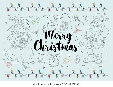 New year Christmas outline illustration for decoration design two Santa Claus stand next to the inscription congratulations style Doodle gifts alarm clock garland frame vector EPS 10