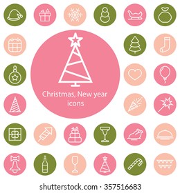 new year, christmas outline, thin, flat, digital icon set for web and mobile