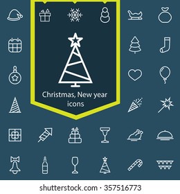 new year, christmas outline, thin, flat, digital icon set for web and mobile