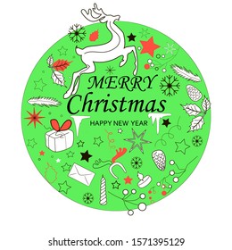 New Year and Christmas paraphernalia: set, congratulations on the holiday in the center, vector illustration on a white transparent background