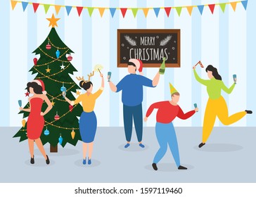 New Year, Christmas party, dancing people colleagues or friends vector illustration. Men, women celebrate holiday together in room decorated with flag garland and Christmas tree.