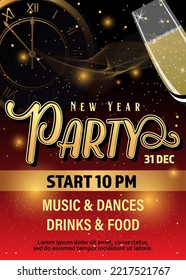 New Year and Christmas party invitation background with golden clock and and a glass of champagne. Xmas banner. Vector illustration.