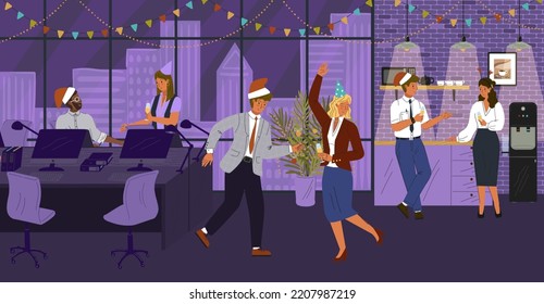 New year and Christmas party in office concept vector illustration. Happy business team celebrate xmas holiday with dancing and champagne. Office worker characters in christmas caps