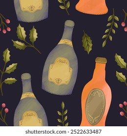 New year and christmas party seamless pattern with champagne bottle illustration.