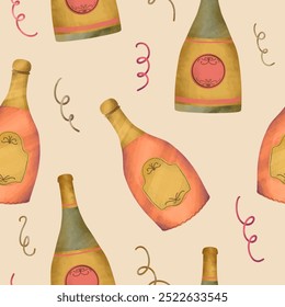 New year and christmas party seamless pattern with champagne bottle illustration.