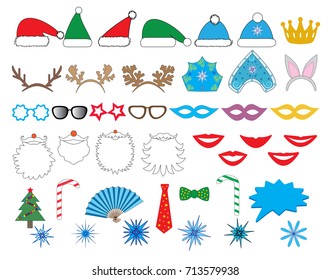 New year (Christmas) party set. Glasses, hats, lips, beard, antler, kokoshnik, crown, mask, snowflake and all. Vector.