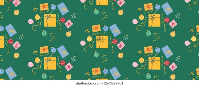 Patrón de año Nuevo y Navidades con regalos, decoraciones de árboles y confeti sobre un fondo verde. Perfecto para envolver papel, diseño festivo y Anuncios de vacaciones