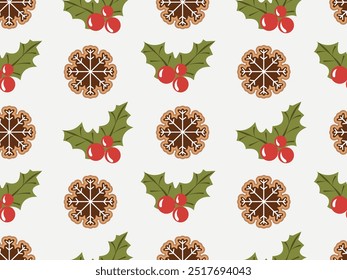 New Year and Christmas pattern with gingerbread snowflakes and mistletoe. Vector illustration of gingerbread in the shape of snowflake on white background