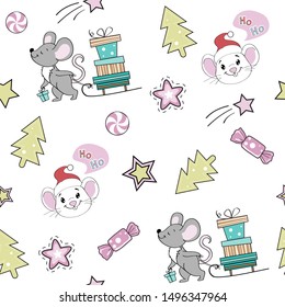 New Year and Christmas pattern with christmas items and mice on a white background