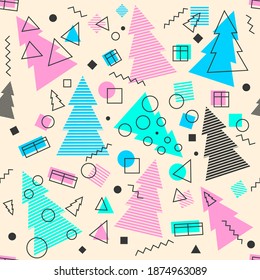 New year and christmas pattern in memphis style. Multicolored geometric shapes and trees. Beautiful wrapping paper for your gifts. Seamless pattern in Christmas theme.