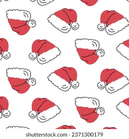 New Year and Christmas pattern with red hat with ponpon of Santa Claus. Holiday wrapping paper, fabric print.