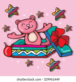 New Year, Christmas pattern - rose Teddy bear sitting in a gift box with balls lying around
