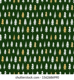 New Year and Christmas pattern. Seamless vector pattern with firs, cristmas trees on the green background