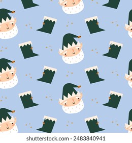 New Year and Christmas patterns with the Head of Santa and Elf. Set of patterns for fabric, textiles, wallpaper. Illustration in flat style. 