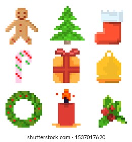 New year, Christmas, pixel art style illustration, set of 9 icons, cookies, tree, christmas sock, lollipop, candy, gift, bell, wreath, candle, holly