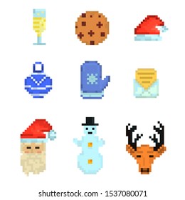 New year, Christmas, pixel art style illustration, set of 9 icons, champagne glass, cookie, Christmas hat, Christmas ball, mittens, letter, Santa Claus, snowman, deer
