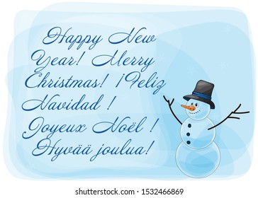 New Year and Christmas post card with happy smiling snowman in black hat. Text frame with sample text. Cartoon character. Transparent shapes. Vector illustration.