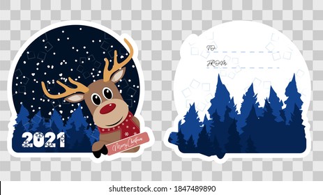 New Year and Christmas postcard 2021 with cartoon deer. Cute deer  forest saying "Merry Christmas". Cartoon Christmas reindeer with scarf in the forest. Sticker for holiday packaging.