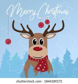 New Year and Christmas postcard with cartoon deer. Cute deer in forest saying "Merry Christmas". Cartoon deer with scarf and Christmas toys.