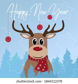New Year and Christmas postcard with cartoon deer. Cute deer in forest saying "Happy New Year". Cartoon deer with scarf and Christmas toys.