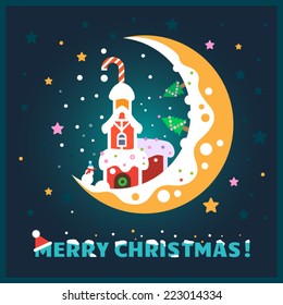 New Year and Christmas postcard. House with Christmas decorations, snowman, tree, snow, moon, and stars. Christmas night. 