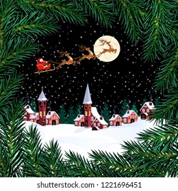 New Year. Christmas. Postcard with a pattern of Christmas trees. Santa Claus, moon, town hall, houses. Green branches of fir trees in a circle. vector illustration