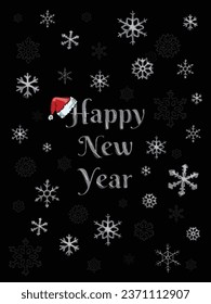 New Year and Christmas postcard, silver letters on a black background with snowflakes.
