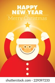 New Year and christmas poster with comic santa claus. Vector illustration.