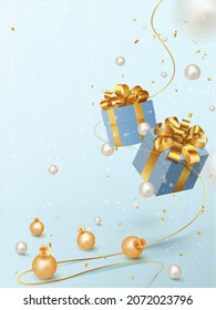 New Year and Christmas poster with gift boxes, balls and gold ribbons. Realistic festive background for web design, postcards and print