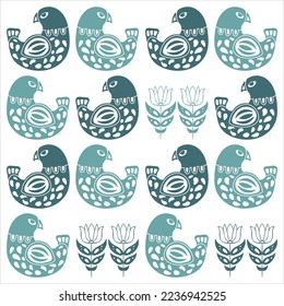 New Year and Christmas poster. Illustration in European, Scandinavian style with birds and flowers. Slavic bright patterns with animals on a white background. Minimalist background for wrapping paper.