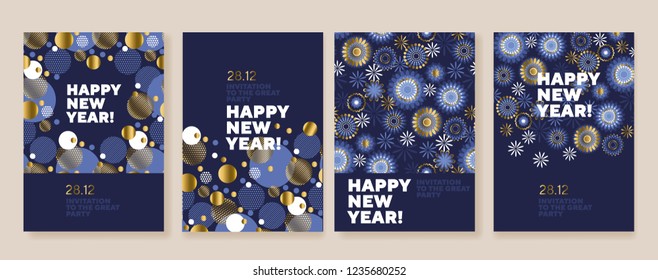 New Year and Christmas posters collection. Gold and blue xmas laconic illustration for winter design projects, office party invitation, postcards.
