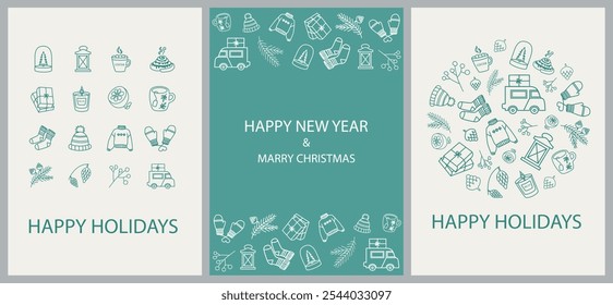 New Year and Christmas posters with winter elements.  Greeting cards, linear icons, minimal corporate design templates, invitations. Vector illustration.