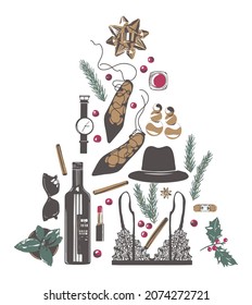 New year or christmas present for elegant woman, isolated gifts forming shape on xmas tree. Hat and shoes, lace bra underwear and accessories. Watch and glasses, mistletoe. Vector in flat style